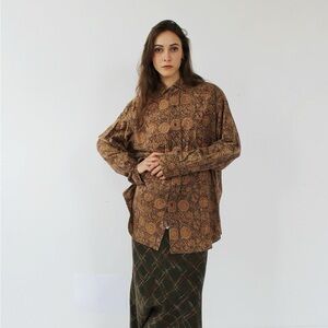 POLO RALPH LAUREN Mocha Paisley Shirt- Button Front Oversized Loose Baggy xl